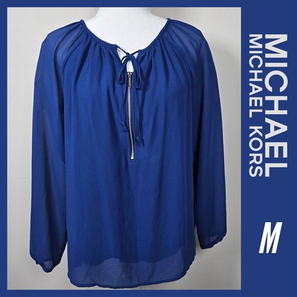 Michael Kors Sapphire Sheer Lined Long Sleeve Blouse With Half Zip Size M (EUC) - Picture 1 of 9